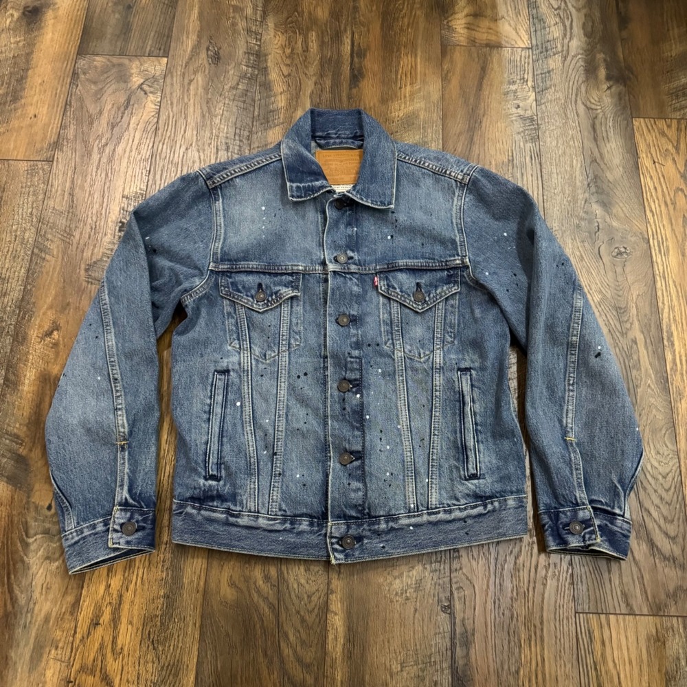 Levi's Premium Vintage Fit Denim‎ Trucker Jacket Paint Splatter Blue Size Small